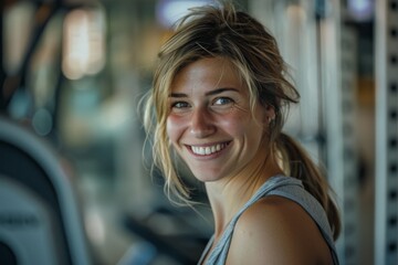 Personal Trainer/Fitness Coach at Work: A Beautiful Woman Inspiring Health and Wellness with a Smile, Perfect for Fitness Blogs, Gym Advertisements, and Health Awareness Campaigns