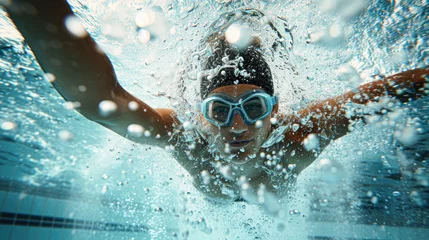 Foto op Plexiglas Underwater shot of a person swimming towards the camera with goggles on, bubbles surrounding. © Kowit