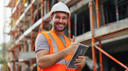 Smiling construction worker with hard hat giving thumbs up in front of scaffolding, holding a tablet.