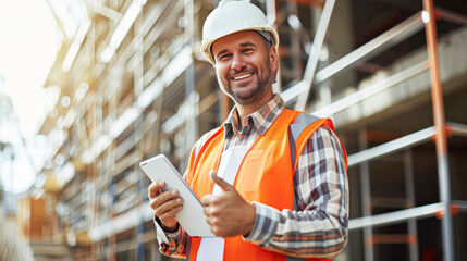 Smiling construction worker with hard hat giving thumbs up in front of scaffolding, holding a tablet.