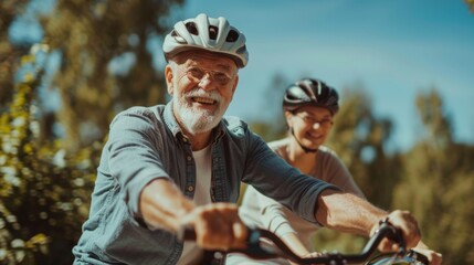 Senior man and woman enjoying a bike ride outdoors, representing active lifestyle and healthy aging, ideal for fitness and retirement lifestyle content.