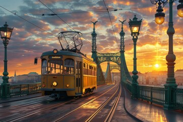 Obraz premium Sunrise Over Liberty Bridge with Yellow Tram in Budapest, Hungary
