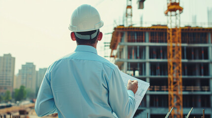 Fototapeta premium Architect reviewing blueprints at a construction site with cranes and building structures in the background.