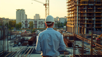 Architect reviewing blueprints at a construction site with cranes and building structures in the background.