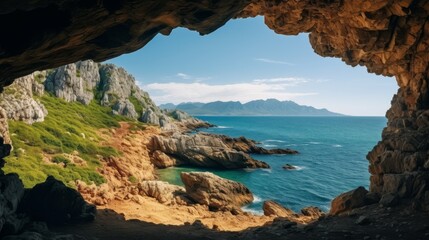 Fototapeta premium Cave to rough mountain ridge located near coast