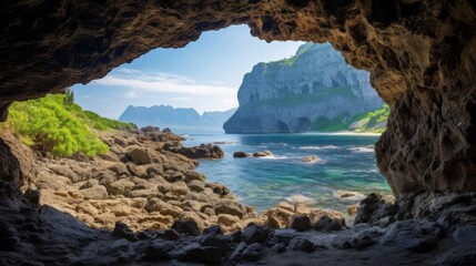 Fototapeta premium Cave to rough mountain ridge located near coast