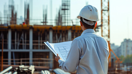Architect reviewing blueprints at a construction site with cranes and building structures in the background.