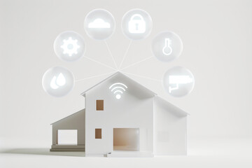 a sleek white home model surrounded by floating smart home icon showcase modern technology