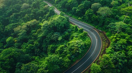 aerial top view of beautiful curve road cutting through green forest in rain season