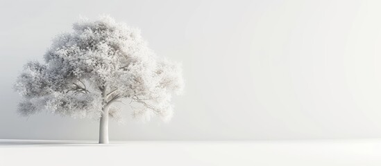 Naklejka premium A majestic white tree stands alone in the snow, its branches covered in a blanket of white. The stark contrast between the tree and the snowy background creates a striking visual impact.