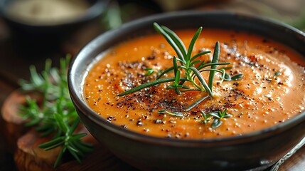 Tomato soup with rosemary in a bowl on a wooden table