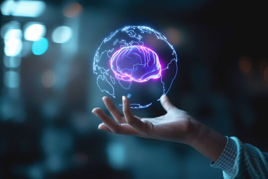 Hands Holding Global Earth and Brain Illustrating AI's Transformative Impact on the World
