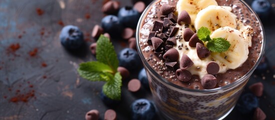 A chocolate smoothie sits in a glass, topped with slices of ripe bananas and sprinkled with chocolate chips. The creamy texture of the smoothie contrasts with the crunchy bananas and decadent