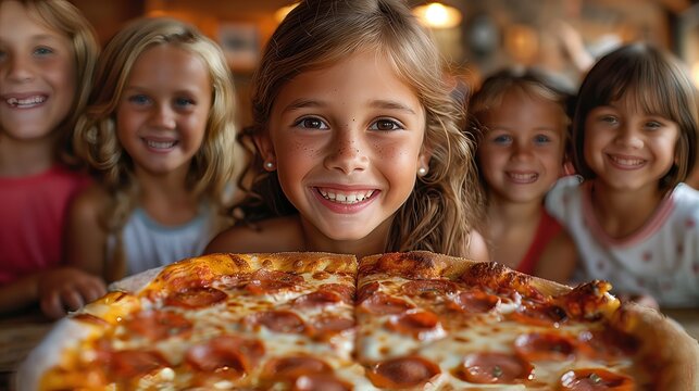 a group of young girls are standing around a pizza