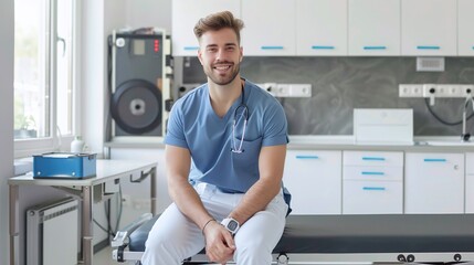 young male physiotherapist smiling on stretcher in medical clinic during rehabilitation session - obrazy, fototapety, plakaty