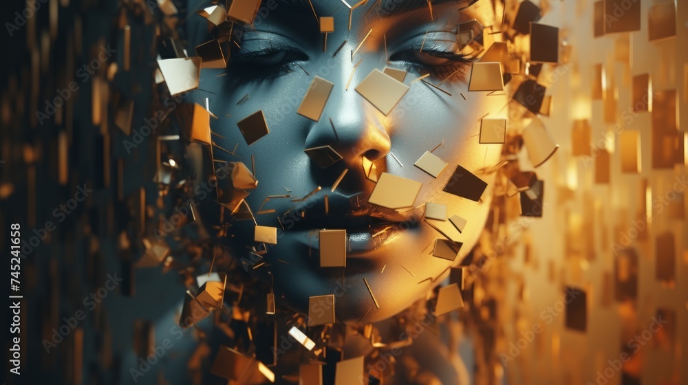 Poster Generative AI Fragmented and distorted shapes creating a unique and abstract visual tapestry. turning into a woman's face