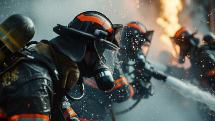 Brave firefighters battle a fierce blaze, a dynamic testament to courage and teamwork.