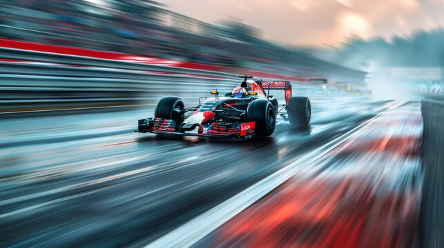 Racing cars at high speed. Racer on a racing car passes the track. © Media Srock