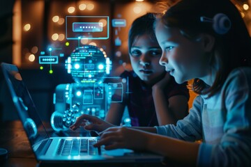 Smiling Children Engaging with an AI Chatbot on a Laptop - Futuristic Technology Concept