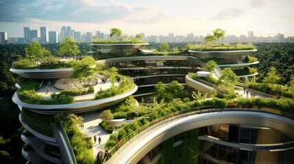 Generative AI Green rooftops and vertical gardens promoting urban sustainability and ecological balance - obrazy, fototapety, plakaty