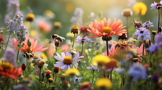 Colorful meadow and garden flowers with insects, 