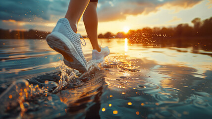 close-up of runners' legs in motion, focusing on the details and textures of their training shoes against the backdrop of a tranquil lake at sunset.