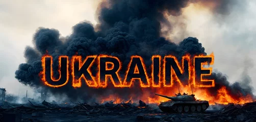 Fotobehang Armored tanks progress beneath the fiery inscription 'UKRAINE,' a vivid depiction of military might and the ongoing strife of war. © video rost