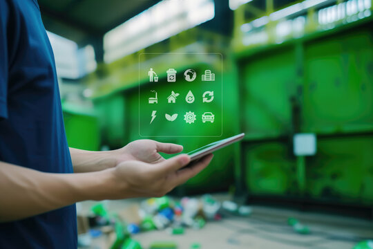 Man's torso holding a tablet with floating minimal icons for recycling, eco-friendly practices, and waste reduction against a defocused recycling center and green environment