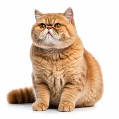Joyous Exotic Shorthair Cat sitting on a white background, plush coat, content and relaxed Generative AI