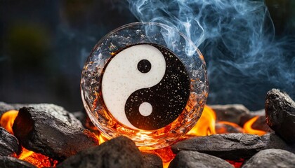 Yin yang symbol among black stone/coals. Balance and harmony - obrazy, fototapety, plakaty