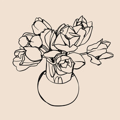 Outline Tulip bouquet in a glass vase. Hand drawn Vector illustration. Elegant one continuous line style. Isolated floral design element. Poster, print, card, decoration template - 745242873