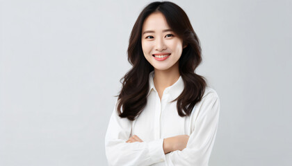 Young female professional. White background, copy space. Business Casual wearing white blouse. Natural look. Product advertising face testimonial. Happy smiling face. Advertising Campaign model.
