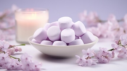 Obraz na płótnie Canvas Marshmallows in soft lavender, miniature round-shaped, clustered on a white surface, ambient lighting, dainty and elegant arrangement Generative AI