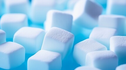 Obraz premium Marshmallows in vibrant blue, square-shaped, neatly aligned on a white surface, bright lighting, modern and crisp atmosphere Generative AI