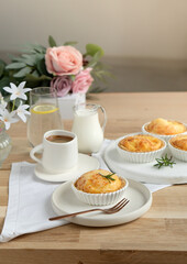 Baking tart pie portioned with a cup of coffee on the table