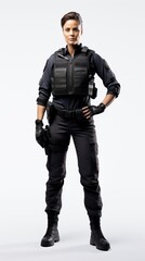 Generative AI Middle-aged female police officer in uniform, subtle smile, confident posture, full-height view on a plain white backdrop
