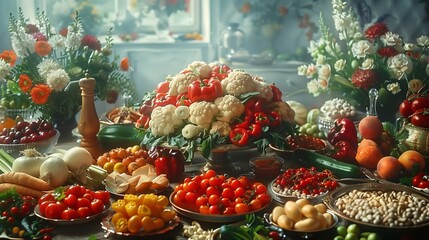 Various fruits and vegetables showcased on the table