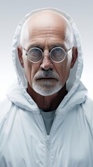Generative AI Middle-aged male scientist in a lab, wearing protective gear, subtle smile, in full stature against a white background