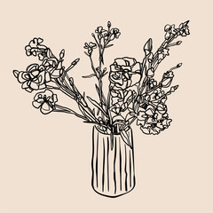 Outline Carnation bouquet in a glass vase. Hand drawn Vector illustration. Elegant one continuous line style. Isolated floral design element. Poster, print, card, decoration template - 745243477