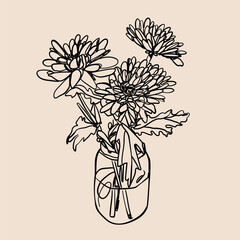 Outline Chrysanthemum bouquet in a glass vase or jar. Hand drawn Vector illustration. Elegant one continuous line style. Isolated floral design element. Poster, print, card, decoration template - 745243490