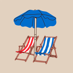 Beach chairs or wooden deck chair, sun umbrella, sunbed. Hand drawn Vector illustration. Trendy unique style. Isolated design element. Vacation, relax, holiday concept - 745243493