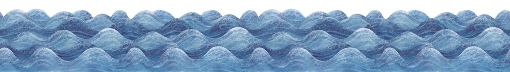Watercolor sea. Seamless pattern. Horizontal border. Cute waves in the ocean. High waves. - 745243667