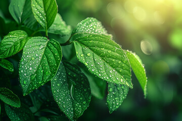 A close-up of fresh green leaves glistening with morning dew, in a summer garden at sunrise. - obrazy, fototapety, plakaty