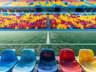 Vibrant and Empty Soccer Stadium Prepared for an International Match with Rows of Colorful Seats