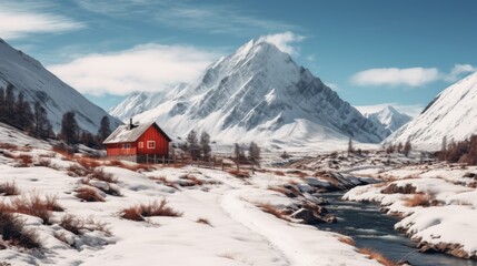 Red wooden cabin with fence in daylight near snowy mountain - obrazy, fototapety, plakaty