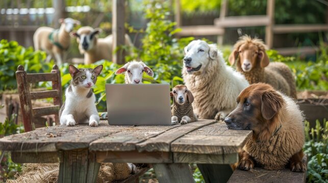 Outdoor study group with a cat, dog, and sheep gathered around a laptop on a rustic table, lush greenery in the background