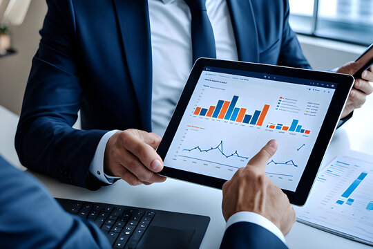 businessman touching virtual screen.Businessman using tablet analyzing sales data and economic growth graph chart.
