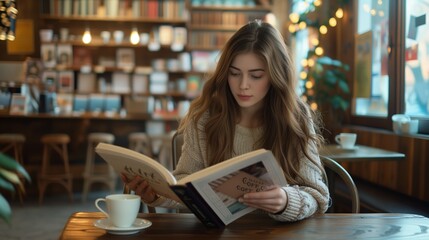 Portrait of beautiful woman reading a book in the cafe.