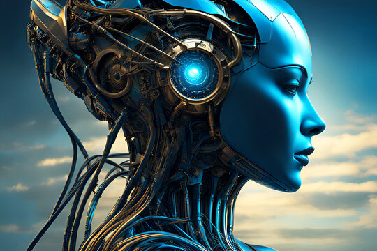 Portrait of a woman mixed with a future technological robot.