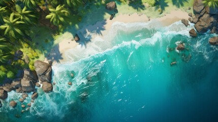 Generative AI Overhead shot of a serene island archipelago adorned with coconut palms, turquoise lagoons, and golden beaches embraced by the gentle waves of the ocean. photorealistic